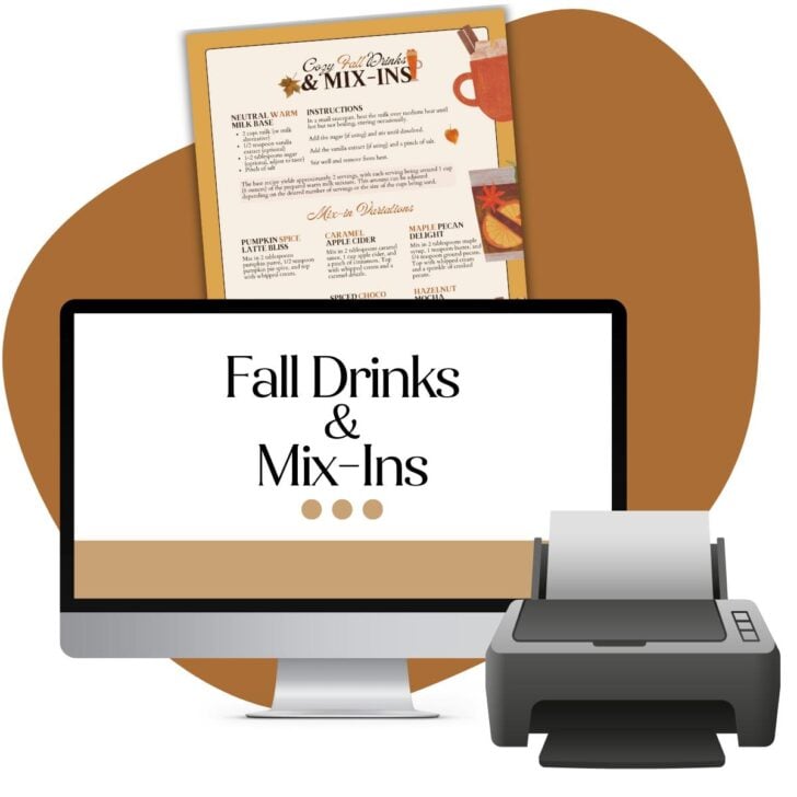 A computer monitor displays “Fall Drinks & Mix-Ins” in bold text. In front of the screen is a printer, and above is a printed recipe sheet with fall-themed decorations and a warm brown background.