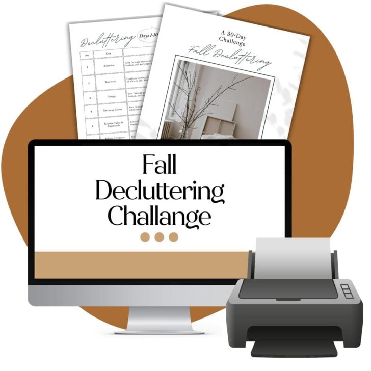A computer monitor displays "Fall Decluttering Challenge" beside a printer, with challenge worksheets and a minimalist decor photo above, all set against a brown abstract background.