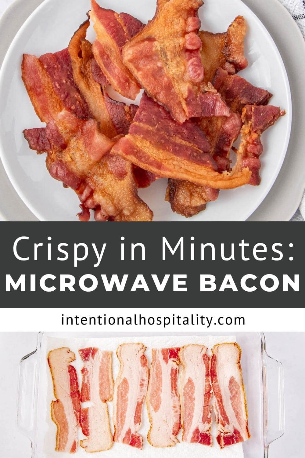 A plate of cooked crispy bacon sits above a dish of uncooked bacon strips. Text reads: "Crispy in Minutes: MICROWAVE BACON intentionalhospitality.com.