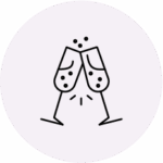 Simple black line drawing of two champagne glasses clinking together with bubbles above, symbolizing a celebratory toast.
