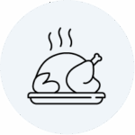 Simple line drawing of a whole roasted turkey on a platter with steam rising from the top, indicating that it is hot and freshly cooked.