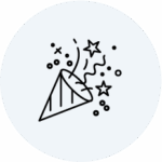 Line drawing of a party popper releasing confetti, stars, and streamers, symbolizing celebration or festivities.