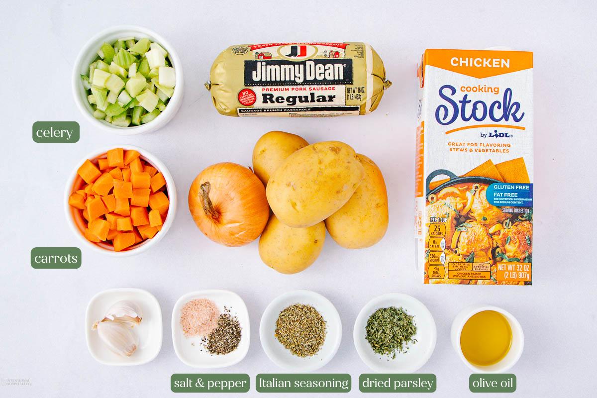 A group of ingredients for a soup.