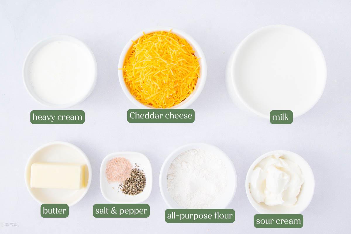 Top-down view of seven labeled bowls containing ingredients: heavy cream, cheddar cheese, milk, butter, salt & pepper, all-purpose flour, and sour cream, all arranged on a white surface.