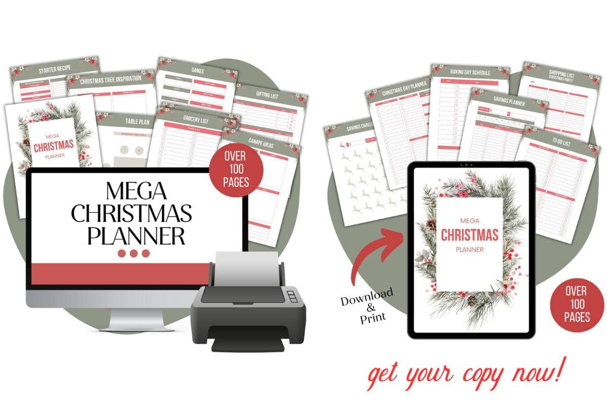A Mega Christmas Planner set is shown with over 100 printable pages displayed on a computer, tablet, and as printed sheets. Text: “Download & Print” and “get your copy now!” Christmas-themed designs decorate the pages.