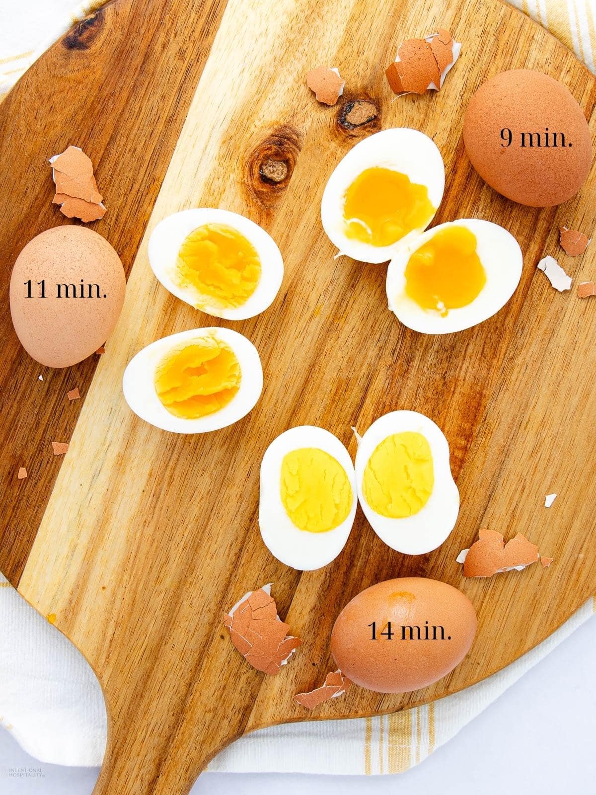 Three brown eggs, each labeled with boiling times: 9, 11, and 14 minutes, are shown on a wooden board. Beside each egg, their halves display varying yolk firmness, from soft to hard-boiled. Eggshell fragments are scattered around.
