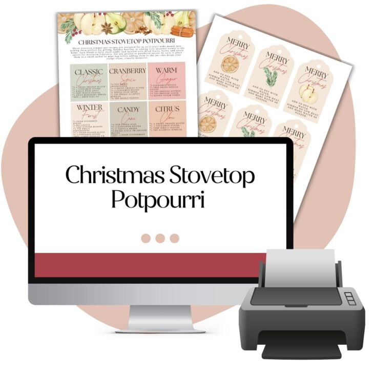 Illustration of a computer and printer with a sign reading "Christmas Stovetop Potpourri" and two printed recipe sheets featuring different festive potpourri mixes and holiday-themed decorations.