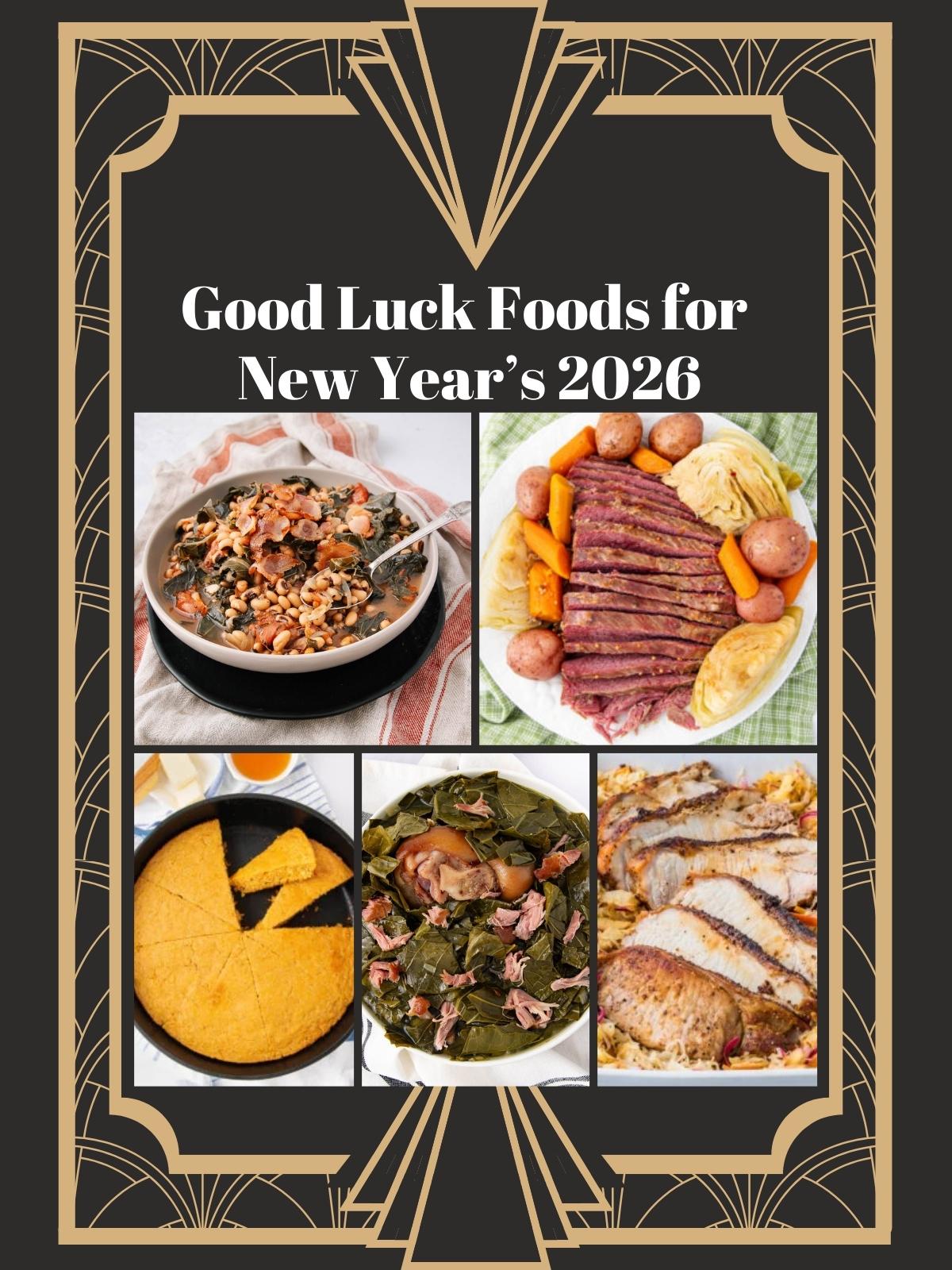 A decorative poster with five photos of foods: black-eyed peas, corned beef with potatoes and carrots, cornbread, collard greens, and roast pork. Text reads "Good Luck Foods for New Year's 2026.