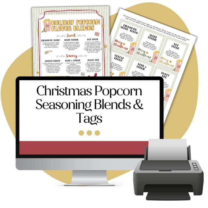 A computer monitor displays the text "Christmas Popcorn Seasoning Blends & Tags." Behind it are printable sheets with popcorn seasoning blends and tags. A printer is shown in front. The background has a gold abstract shape.