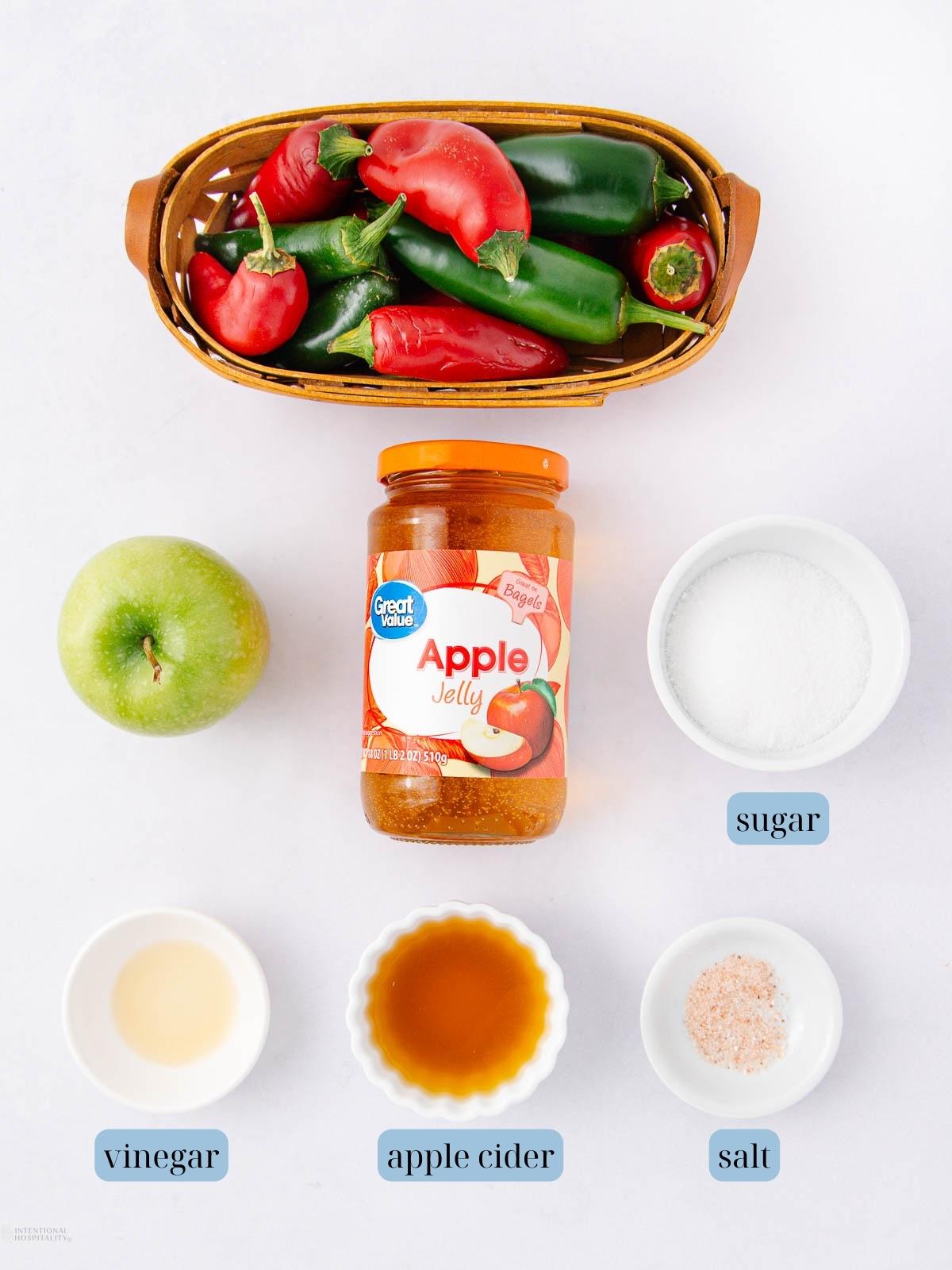 A basket of red and green peppers, a green apple, a jar of apple jelly, and small bowls of sugar, salt, apple cider, and vinegar arranged neatly on a white background.