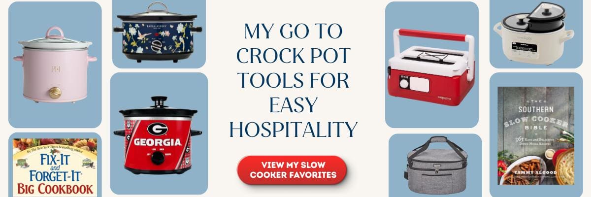A collage featuring various crock pots, a cookbook, a carrying bag, and text in the center reading "My Go To Crock Pot Tools for Easy Hospitality." Find essentials for making dishes like my beef and noodle soup recipe. A red button below says, "View My Slow Cooker Favorites.