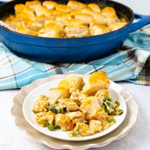 A white plate holds a serving of creamy chicken and vegetable casserole topped with golden biscuit pieces. In the background, the rest of the casserole sits in a blue baking dish on a plaid cloth.