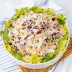 A bowl of chicken salad with shredded chicken, celery, red onion, pecans, and dried cranberries, garnished with celery leaves, placed on a striped cloth and a wicker mat.