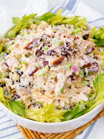 A bowl of chicken salad with shredded chicken, celery, red onion, pecans, and dried cranberries, garnished with celery leaves, placed on a striped cloth and a wicker mat.