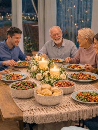 A smiling family of six sits around a dinner table set with candles, flowers, and colorful food, enjoying sunday dinner ideas for family in a cozy, warmly-lit dining room.