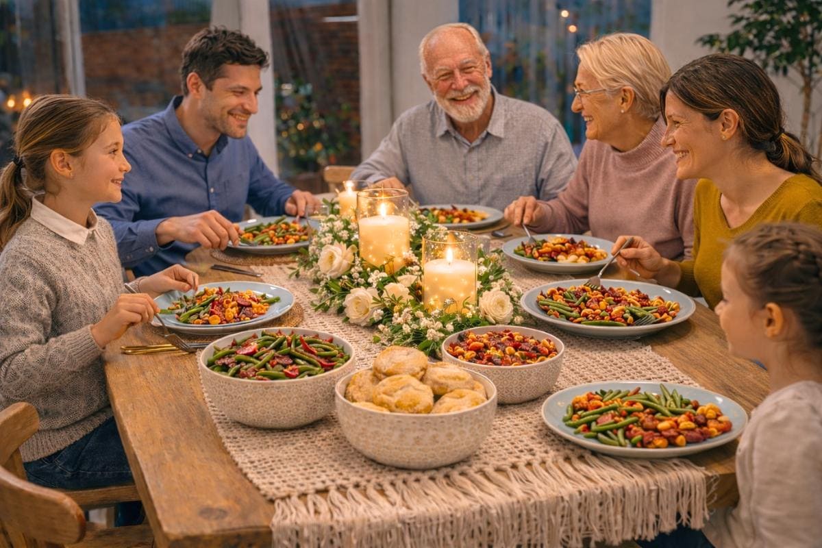 A family of six, spanning three generations, sits around a wooden dining table enjoying a meal together. The table is decorated with candles, flowers, and plates of food, creating a warm, festive atmosphere.