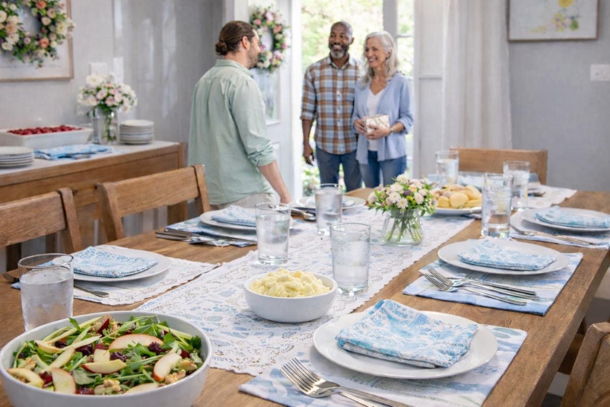 A dining table is set with salads, bread, and water glasses. Three people stand and smile near the table, ready to join the meal. The room is decorated with flowers and bright natural light.