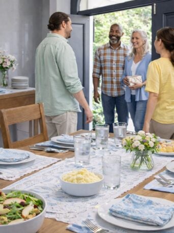 Four adults greet each other warmly near an open door in a dining room set for a meal, with plates, glasses, a salad, fruit, and a floral centerpiece on the table.