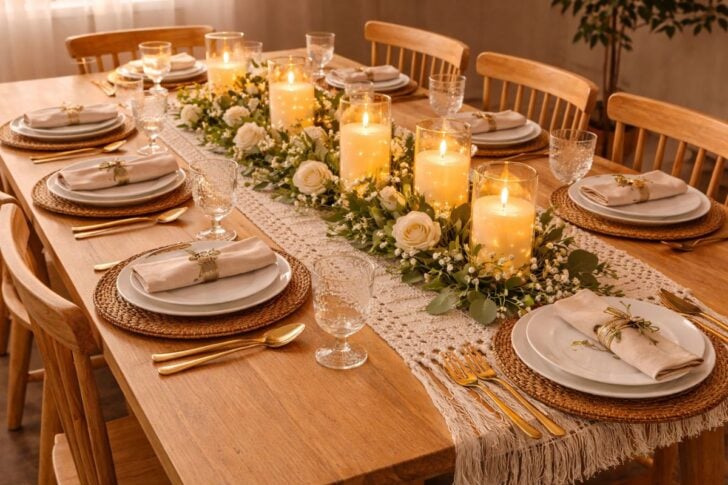 A wooden dining table set for six with woven placemats, white plates, gold cutlery, crystal glasses, cream napkins, and a centerpiece of large lit candles and white flowers on a lace runner.