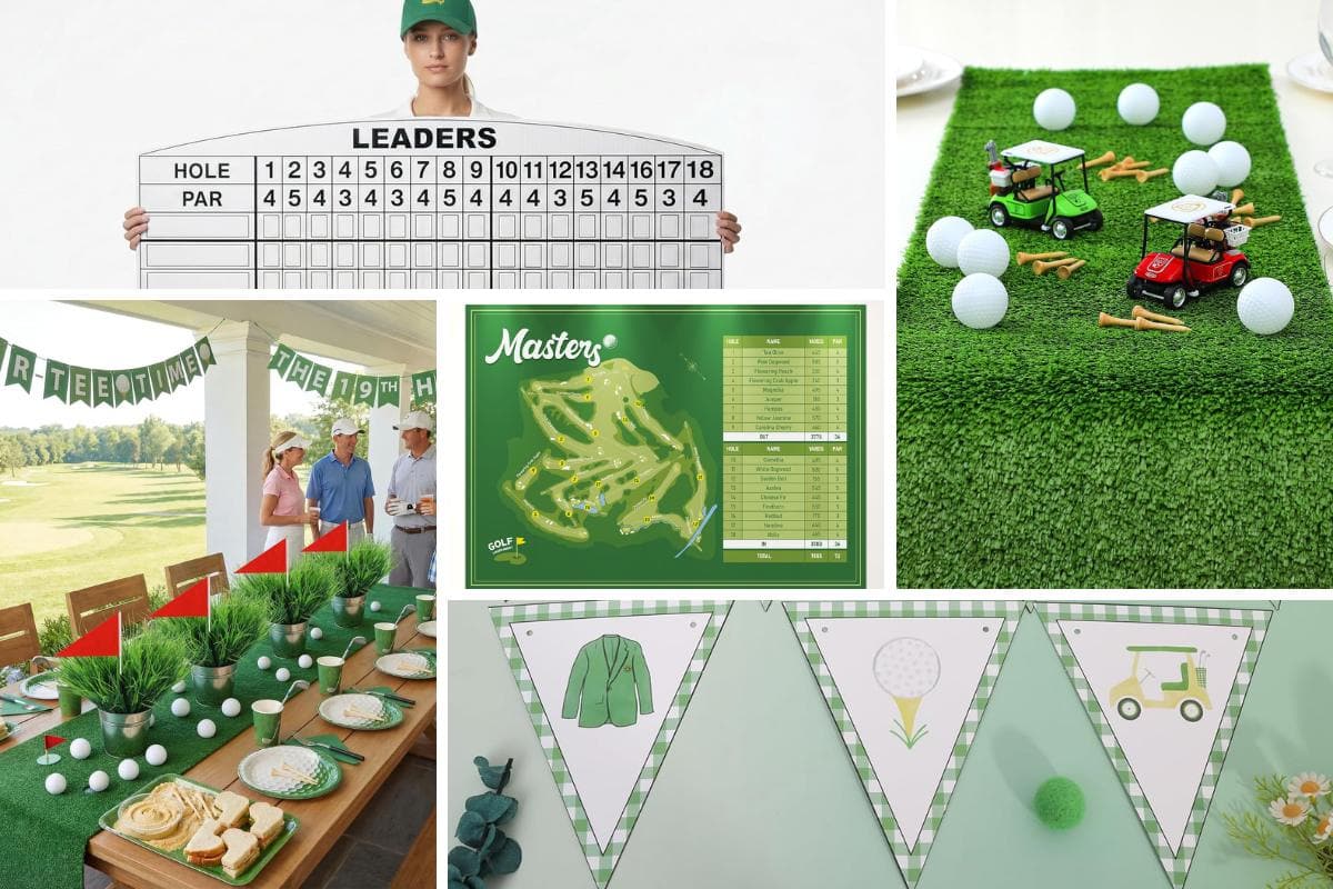 A collage of golf-themed party decorations, including a leaderboard, toy golf carts with balls on fake grass, a group at a decorated table, a Masters map, and green golf party banners with related illustrations.