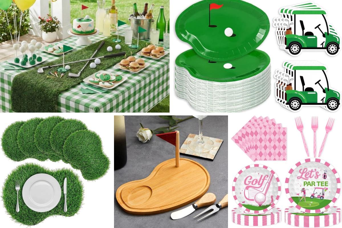 A collage of golf-themed party supplies, including a picnic table with golf decorations, green golf course plates, golf cart napkins, grass-texture placemats, a wooden cheese board, and pink golf-themed plates and utensils.