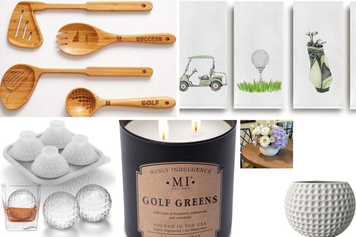 A collage of golf-themed items including wooden kitchen utensils, decorative towels, candles, drinkware, vases, and flower arrangements, each featuring golf motifs like golf balls, clubs, carts, and greens.