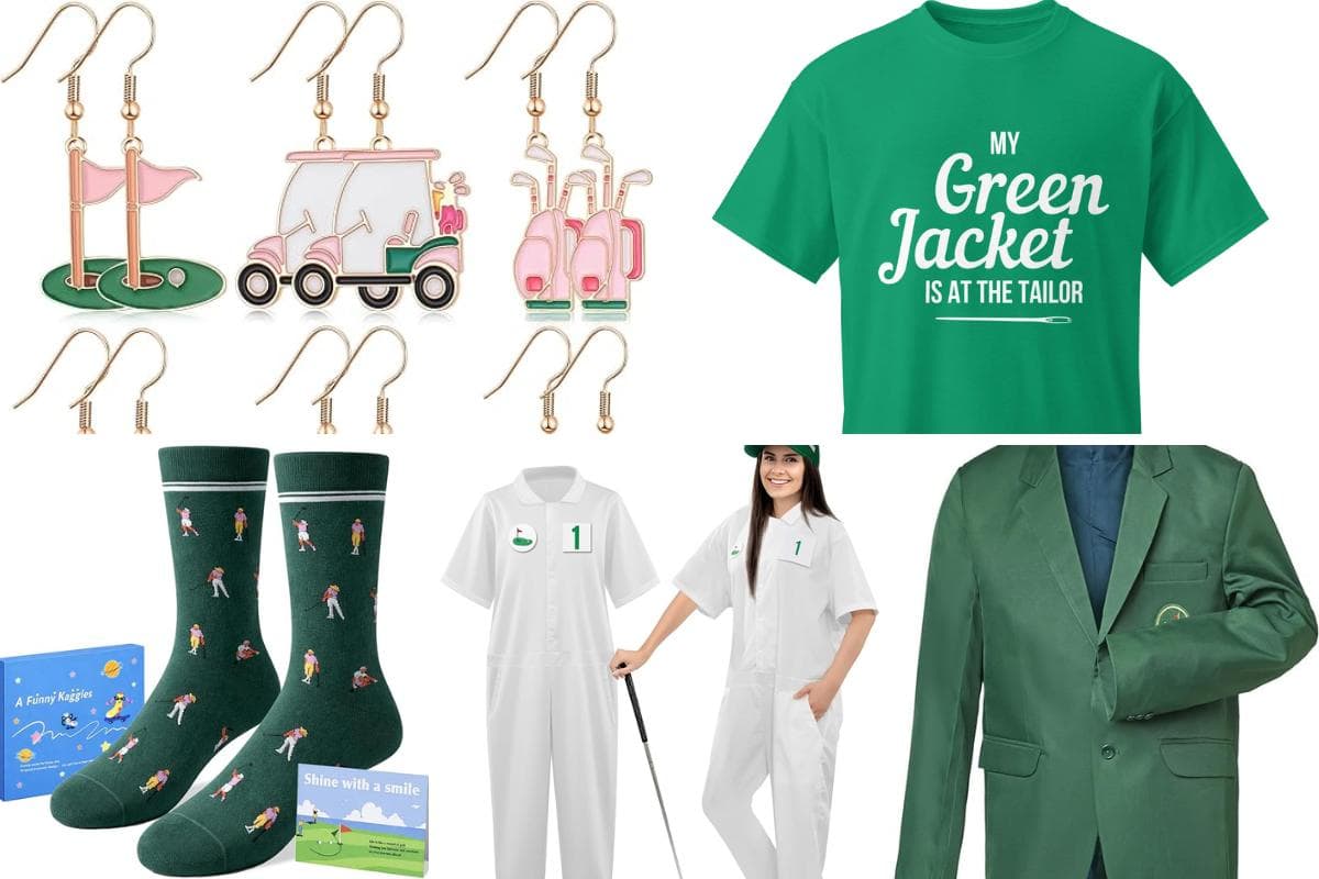 A collage featuring golf-themed earrings, a green “My Green Jacket Is at the Tailor” t-shirt, green socks with golfers, two women in white caddie jumpsuits, a green jacket, and a golf cart pin.