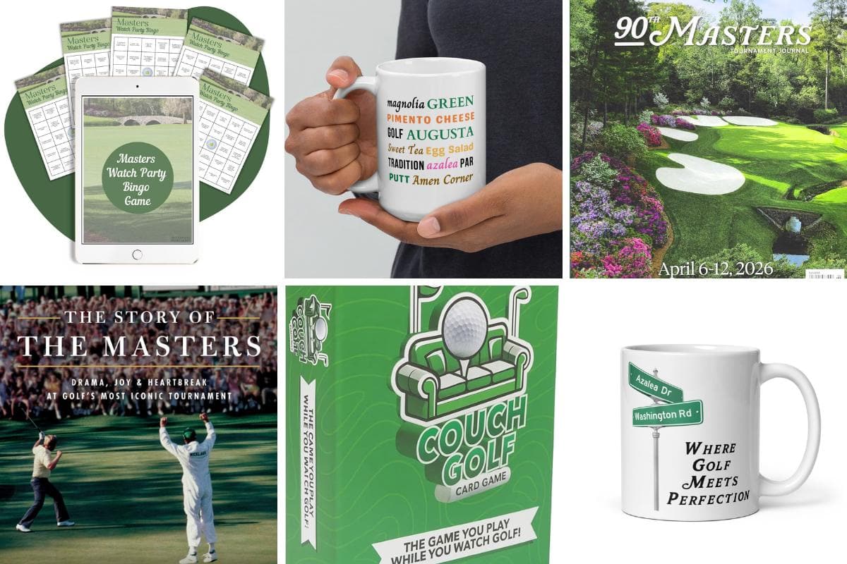 A collage featuring Masters-themed items: bingo cards on a tablet, a mug with golf-themed text, a Masters tournament cover, a golf book, a card game box, and another mug with Augusta National references.