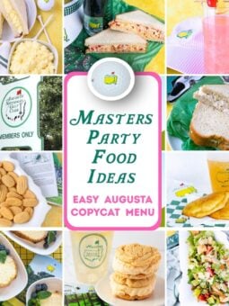 A collage features classic Masters golf tournament-inspired foods and drinks, including sandwiches, cookies, pimento cheese, lemonade, and salads, with green and yellow Augusta-themed decorations and a central text: "Masters Party Food Ideas.