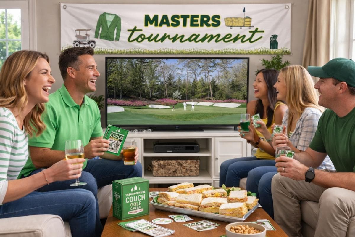 People sitting on couches, smiling and holding drinks and snacks, watching the Masters golf tournament on TV. A banner reading "Masters Tournament" hangs above, with sandwiches and snacks on the table.