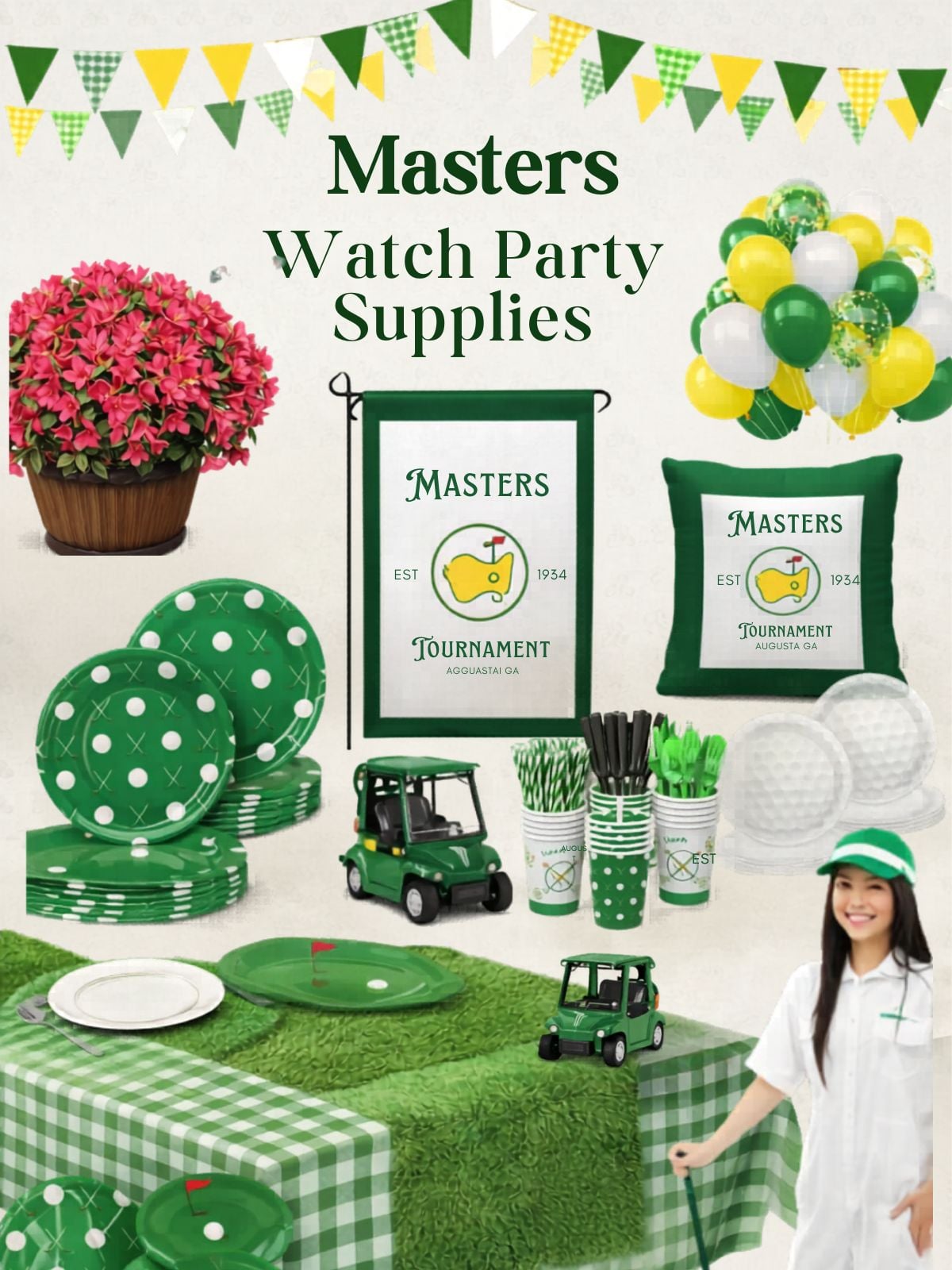 A display of Masters Tournament-themed watch party supplies, including green plates, cups, napkins, golf cart toys, banners, pillows, balloons, and pink flowers, with a woman in a white Masters uniform smiling.