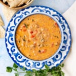 A bowl of creamy queso dip with tomatoes and herbs, served in a blue and white patterned bowl on a matching plate, with tortilla chips and fresh cilantro nearby.