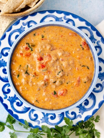 A bowl of creamy queso dip with tomatoes and herbs, served in a blue and white patterned bowl on a matching plate, with tortilla chips and fresh cilantro nearby.