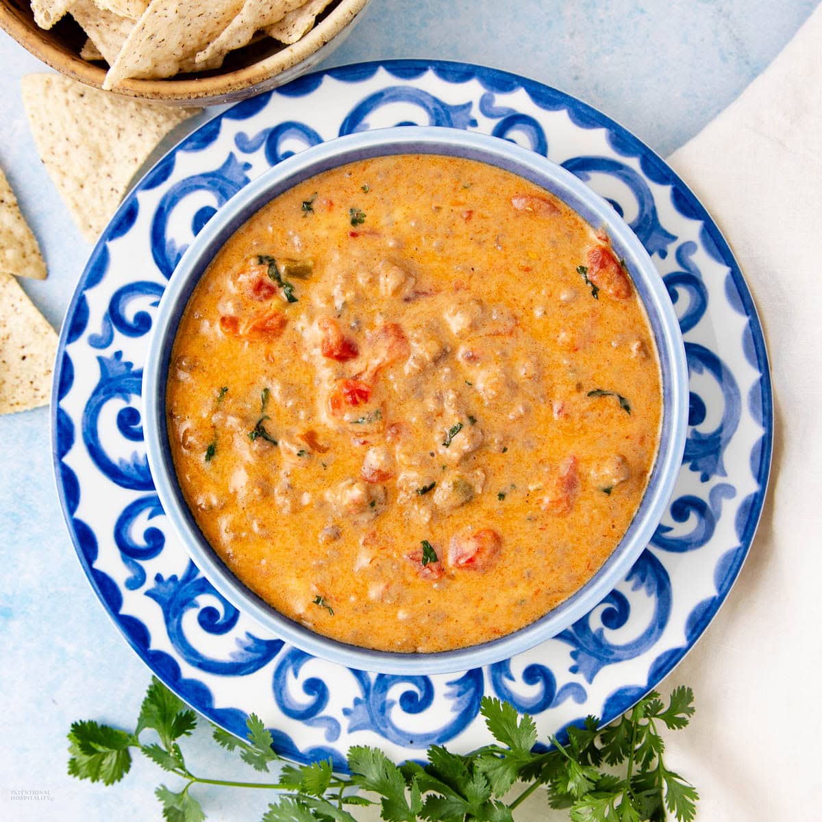 A bowl of creamy queso dip with tomatoes and herbs, served in a blue and white patterned bowl on a matching plate, with tortilla chips and fresh cilantro nearby.