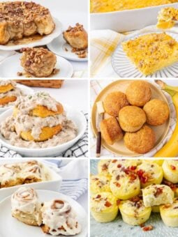 A collage of six breakfast dishes, including sticky buns with pecans, a cheesy egg casserole, biscuits with sausage gravy, banana muffins, frosted cinnamon rolls, and egg muffins topped with bacon.