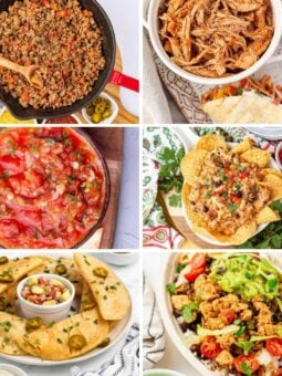 A collage of six colorful Mexican dishes, including ground meat in a skillet, shredded chicken, salsa, nachos with toppings, quesadillas with dip, and a burrito bowl with rice, beans, and vegetables.