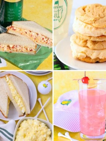A collage shows: pimento cheese sandwiches, three large cookies on a plate, an egg salad sandwich with a bowl of egg salad nearby, and a pink drink with a cherry garnish and a golf hat in the background.