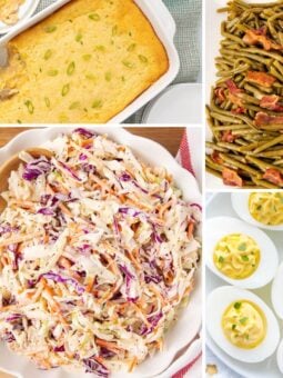 Collage of Southern-style side dishes: cornbread in a casserole dish, green beans with bacon, creamy coleslaw with shredded cabbage and carrots, and deviled eggs garnished with chives.
