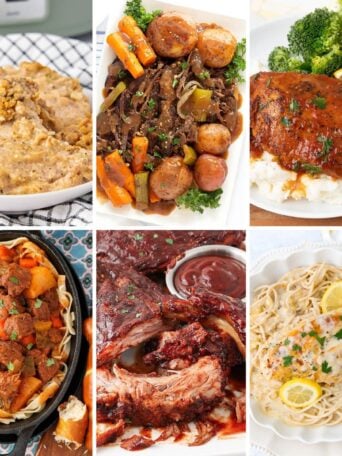 A collage of six different plated dinners, including casseroles, pot roast with vegetables, barbecue ribs, chicken with sauce, pasta with lemon chicken, and stew over bread, each garnished and served with sides.