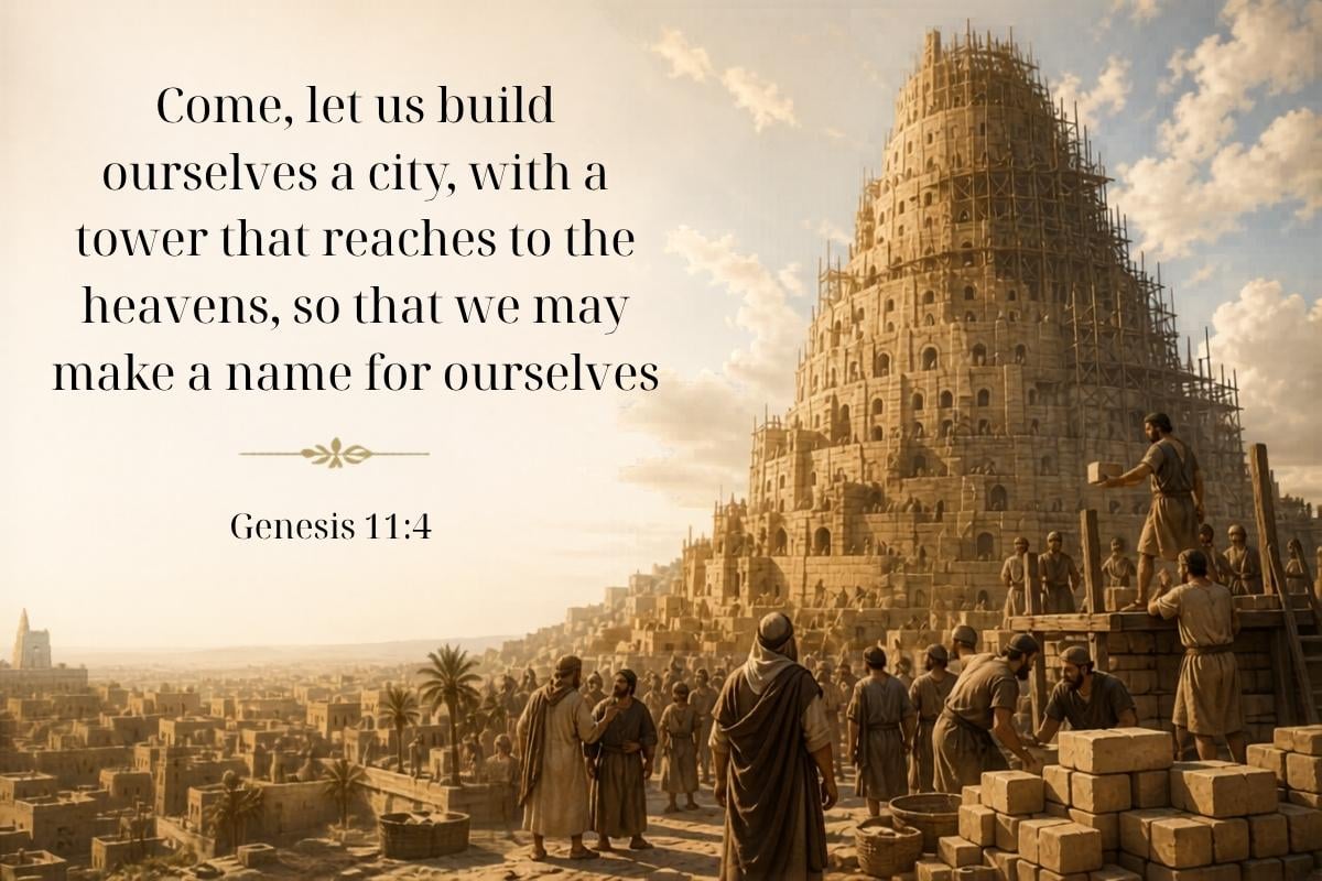 A group of people builds a massive tower in an ancient city as others watch; text reads, “Come, let us build ourselves a city, with a tower that reaches to the heavens...” from Genesis 11:4.