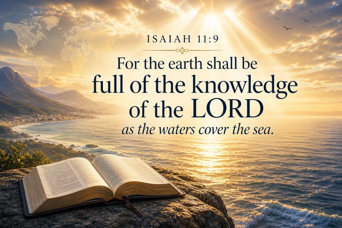An open Bible rests on a rock overlooking a scenic ocean sunrise, with rays of sunlight and mountains. The text reads: "Isaiah 11:9 For the earth shall be full of the knowledge of the LORD as the waters cover the sea.
