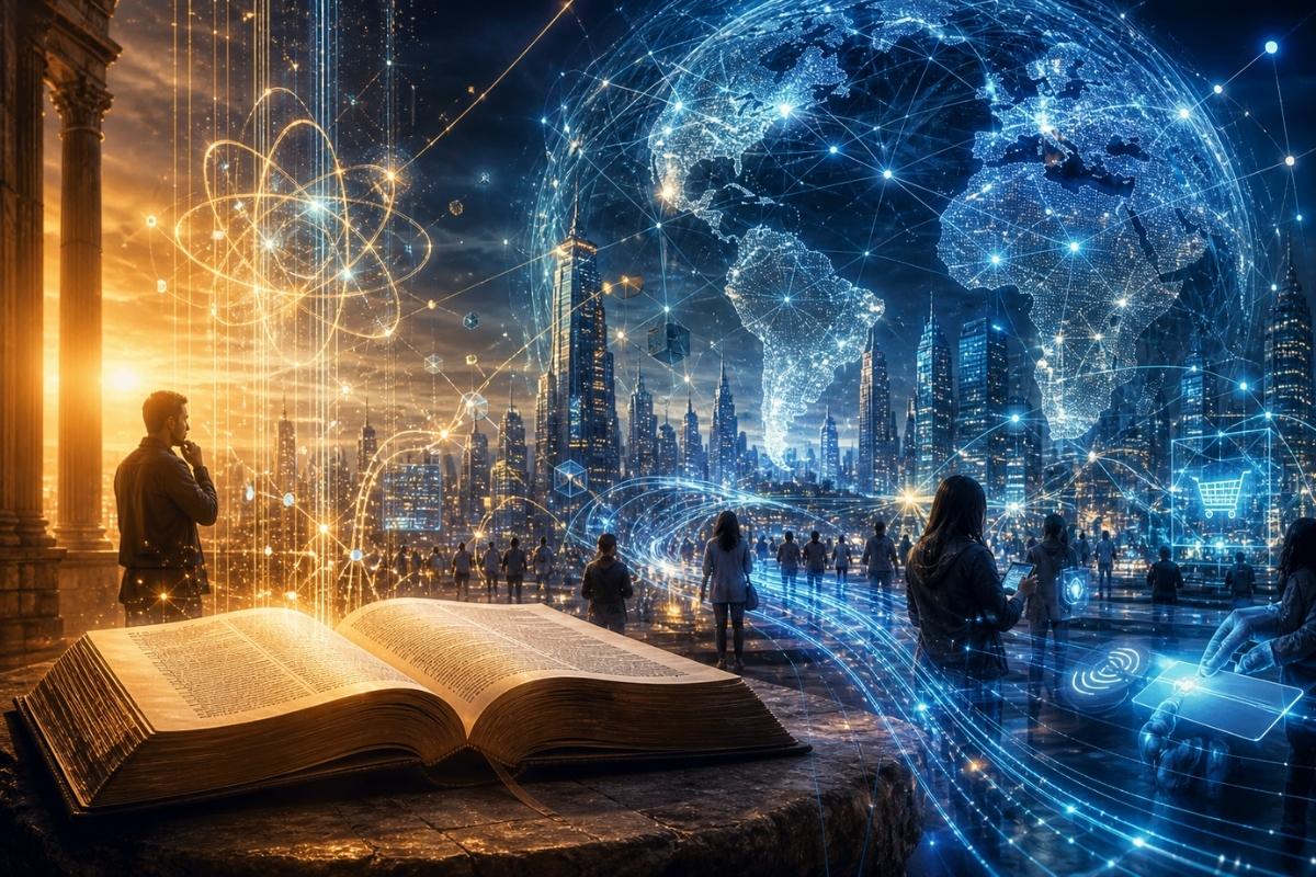 An open book glows with light, surrounded by digital graphics of atoms and a glowing globe. People stand in a futuristic cityscape, connected by swirling blue networks symbolizing knowledge and technology.