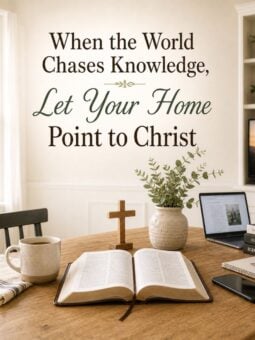 A cozy home office with an open Bible, a wooden cross, a vase of greenery, a laptop, and books. Wall text reads, "When the world chases knowledge, let your home point to Christ.