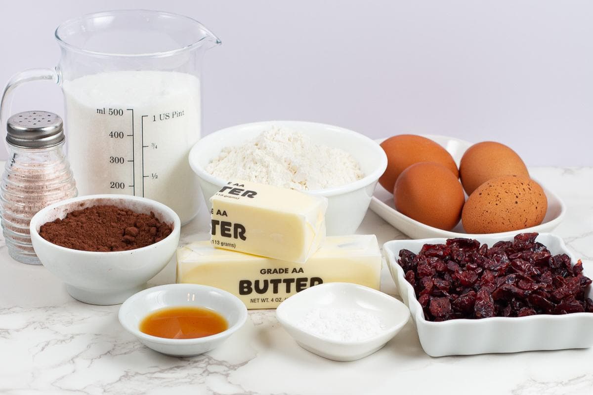 Baking ingredients on a white surface: flour, sugar, cocoa powder, eggs, butter sticks, dried cranberries, salt, vanilla extract, and baking powder in bowls and dishes.