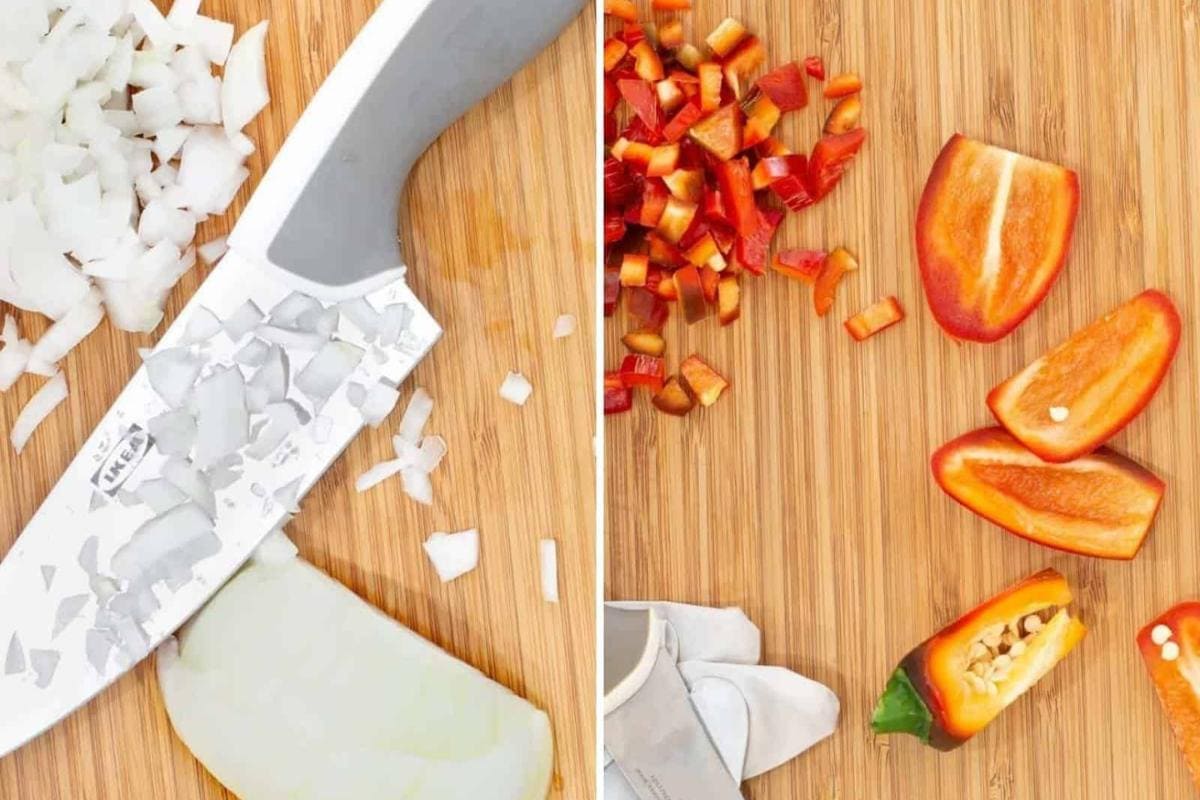 A split image shows diced onions and a knife on one side, and chopped red bell pepper alongside larger bell pepper pieces and a knife on the other, all on a wooden cutting board.