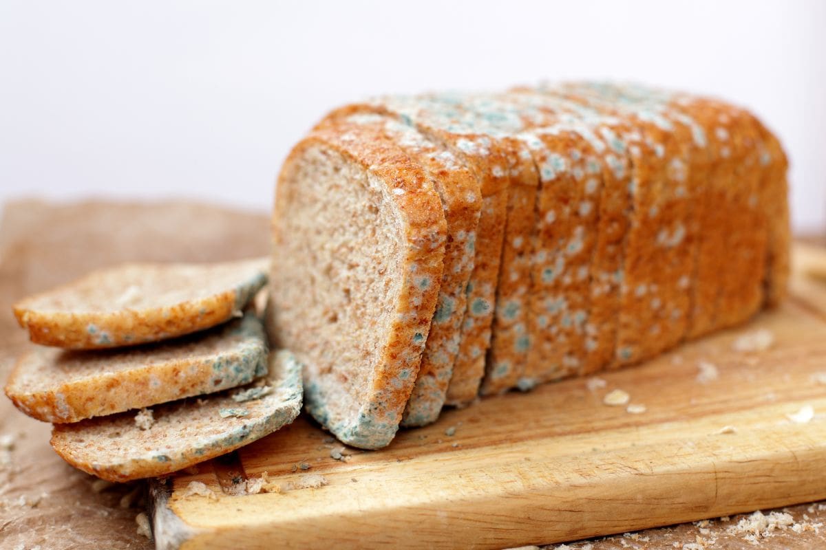 A loaf of sliced bread with visible blue and white mold spots sits on a wooden cutting board.