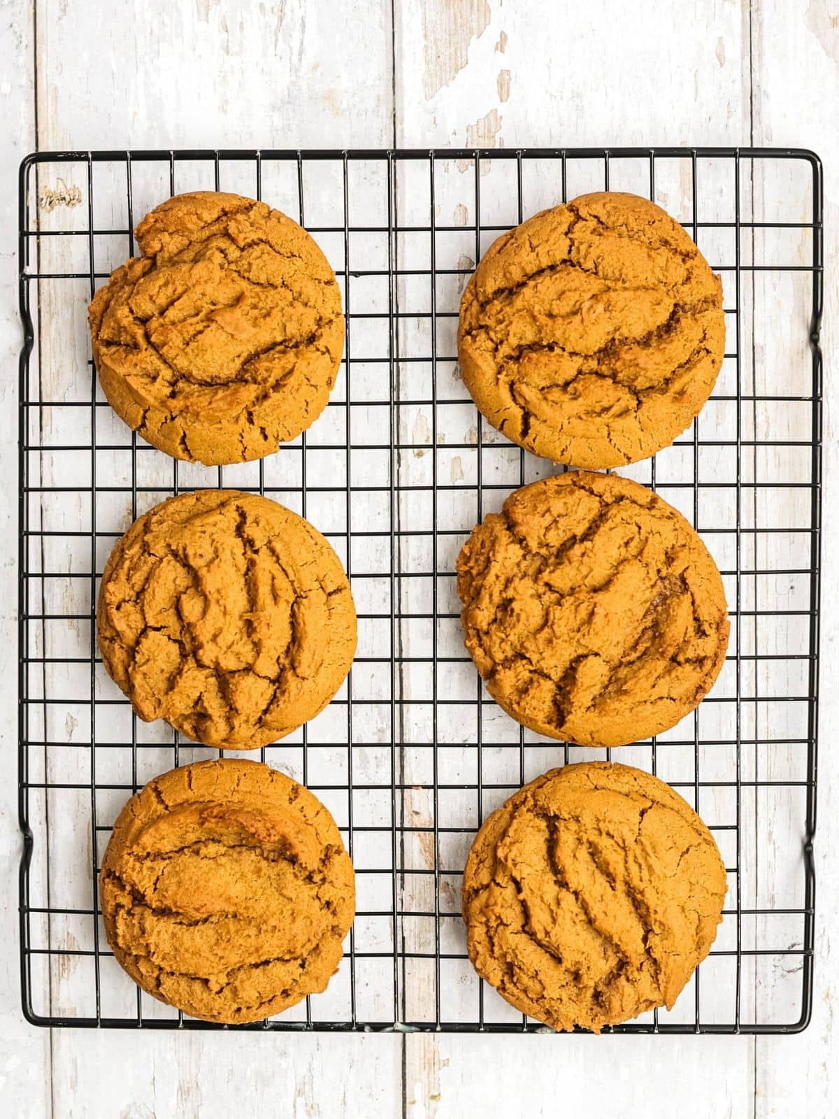 Six golden-brown cookies arranged on a wire cooling rack.