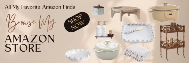 A beige banner displays kitchen and home items, including cookware, a blanket, soap dispensers, a tiered wood stand, a cake stand, and a dish. Text reads: "Browse My Amazon Store. All My Favorite Amazon Finds. Shop Now.